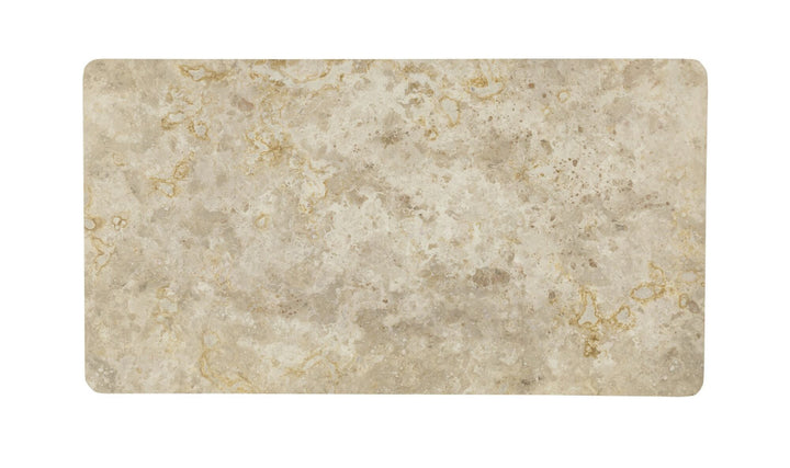 Top view of a beige marble table with subtle patterns on a white background