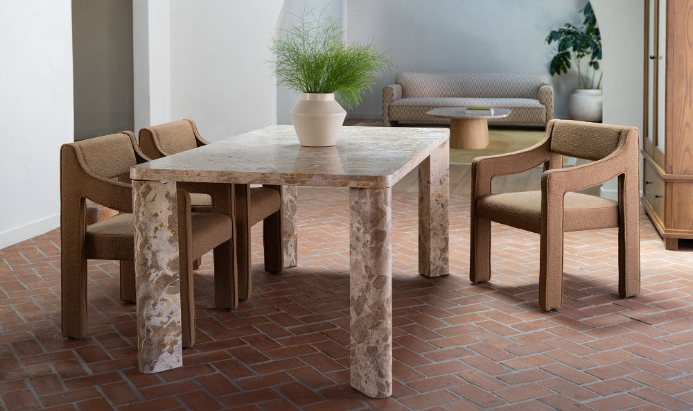 Marble patterned dining table with chairs in a modern living room setting