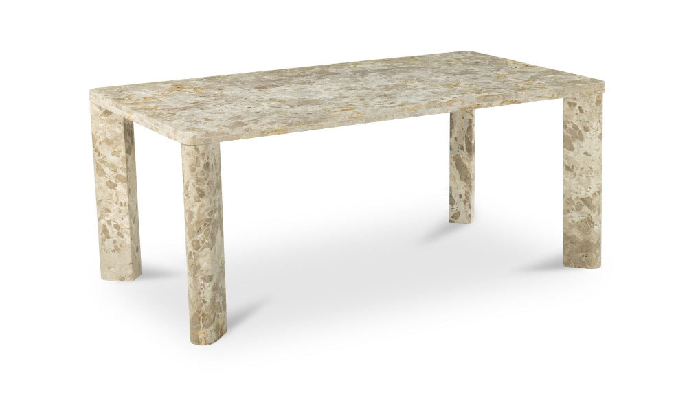 Rectangular dining table with a textured marble surface on a white background