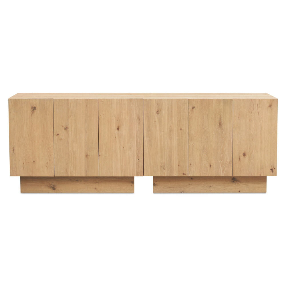 Wooden sideboard with a natural finish on a white background