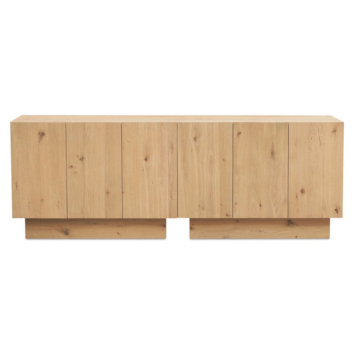 Wooden sideboard with a natural finish on a white background