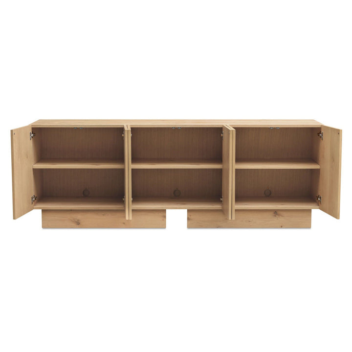 Wooden sideboard with open doors on a white background