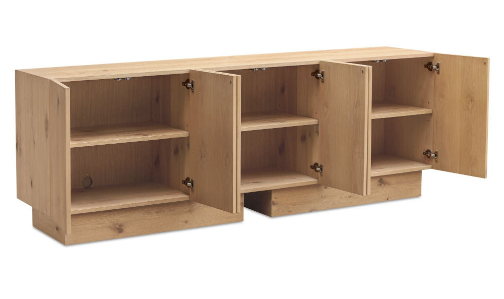 Wooden sideboard with open doors on a white background