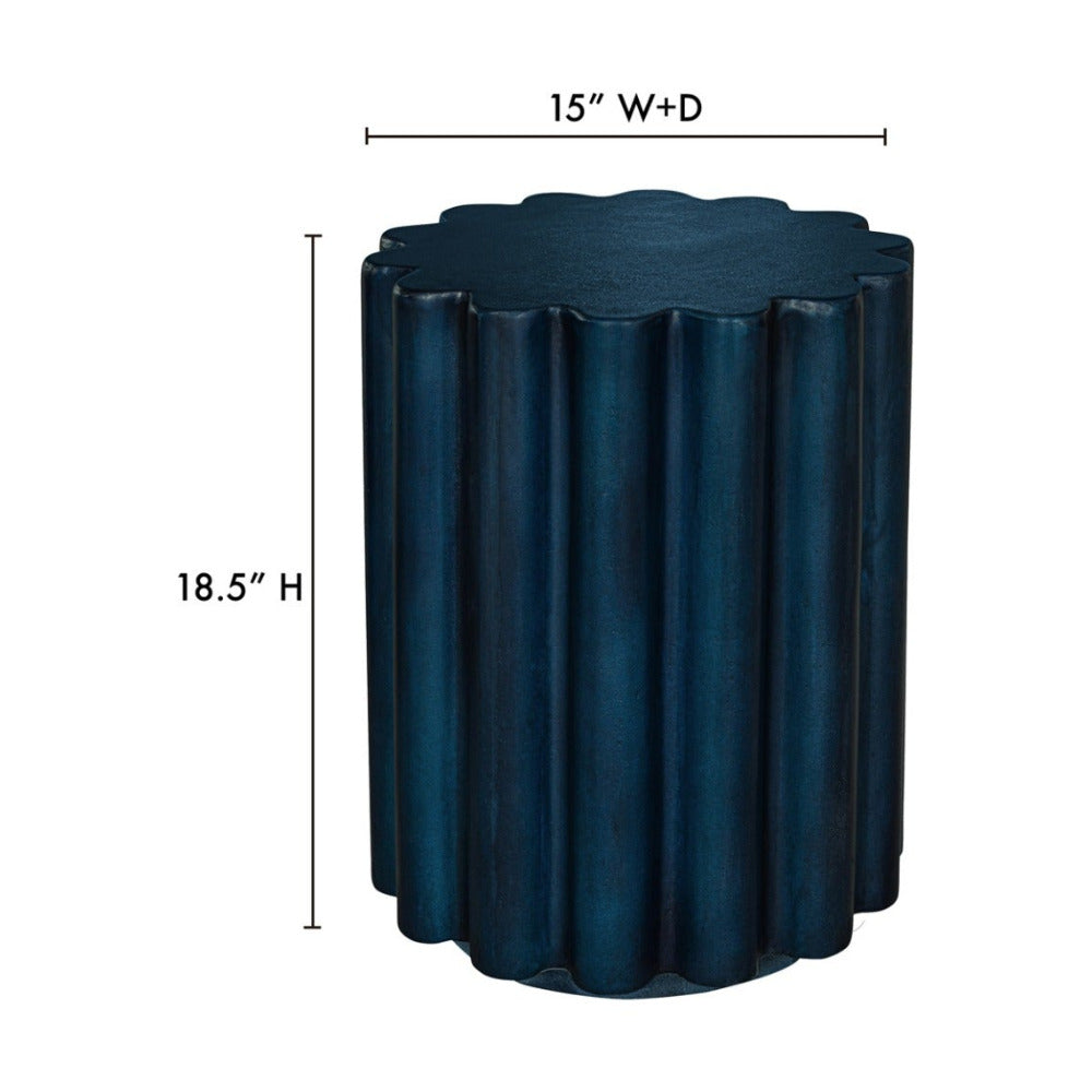 Dark blue cylindrical table with dimensions on a white background