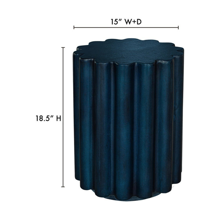 Dark blue cylindrical table with dimensions on a white background
