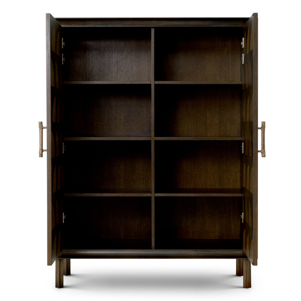 Front view of open wooden cabinet on a white background