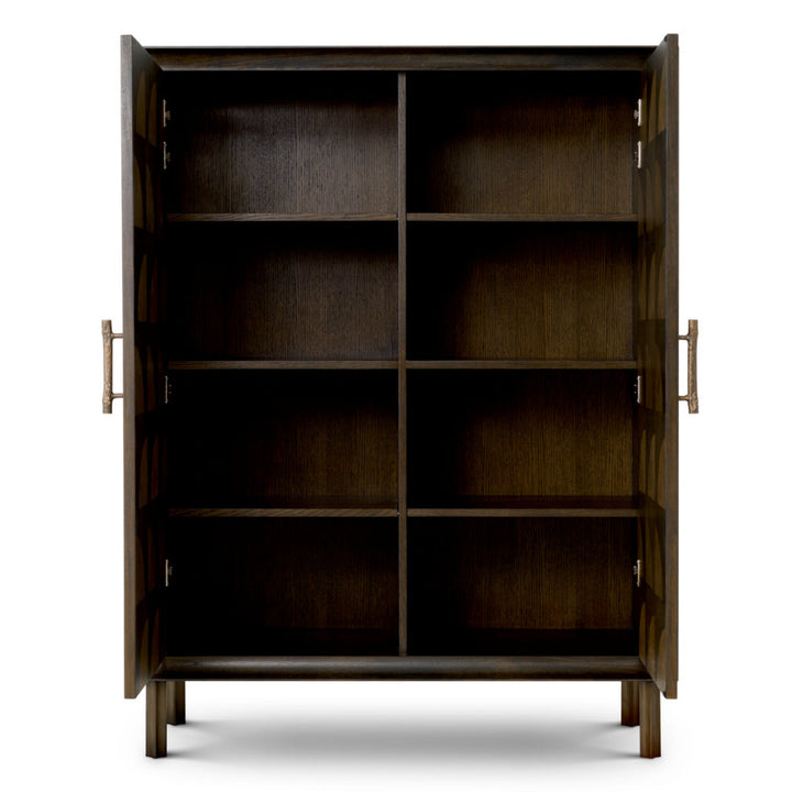 Front view of open wooden cabinet on a white background
