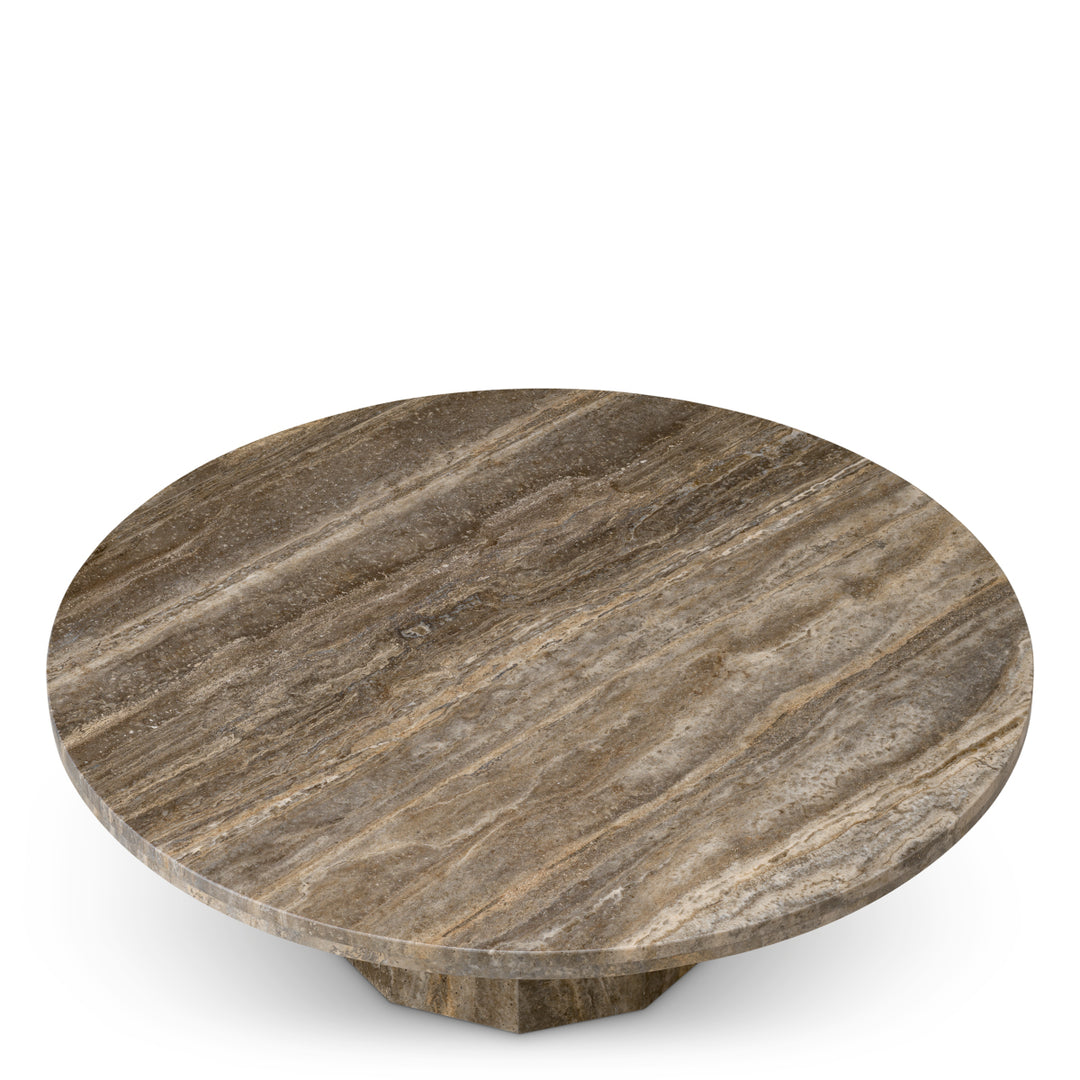 Round stone table with a brown and gray marbled pattern on a white background
