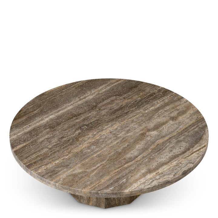 Round stone table with a brown and gray marbled pattern on a white background