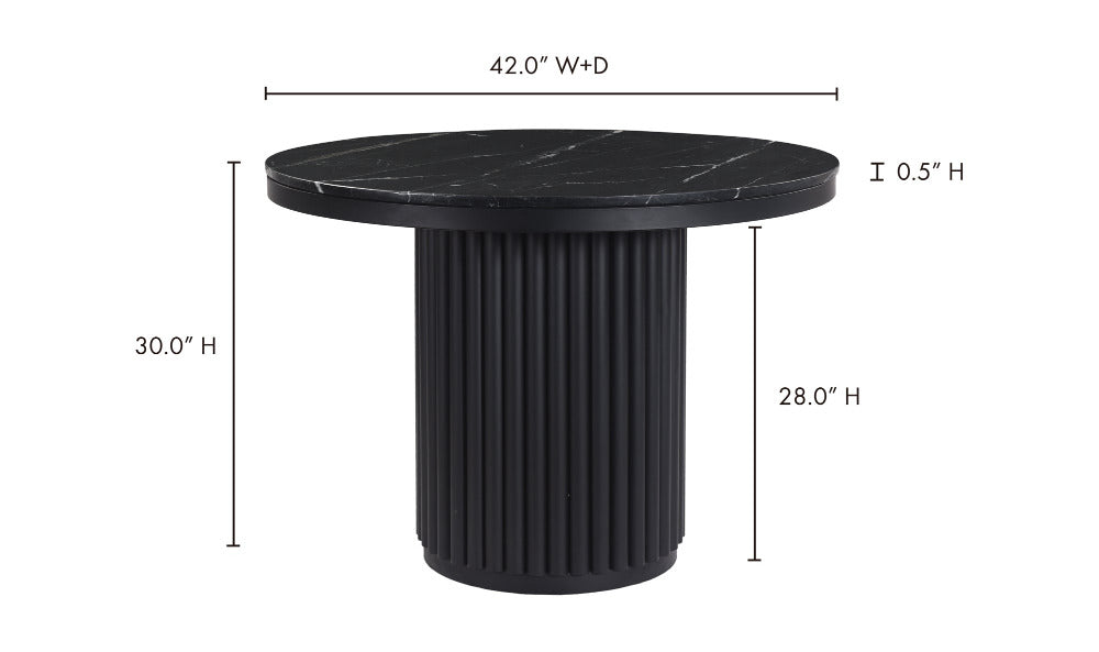 Black round table with dimensions on a white background