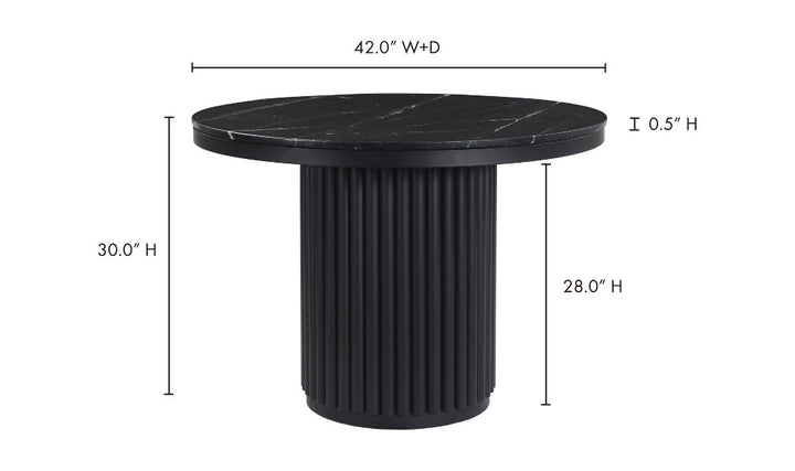 Black round table with dimensions on a white background