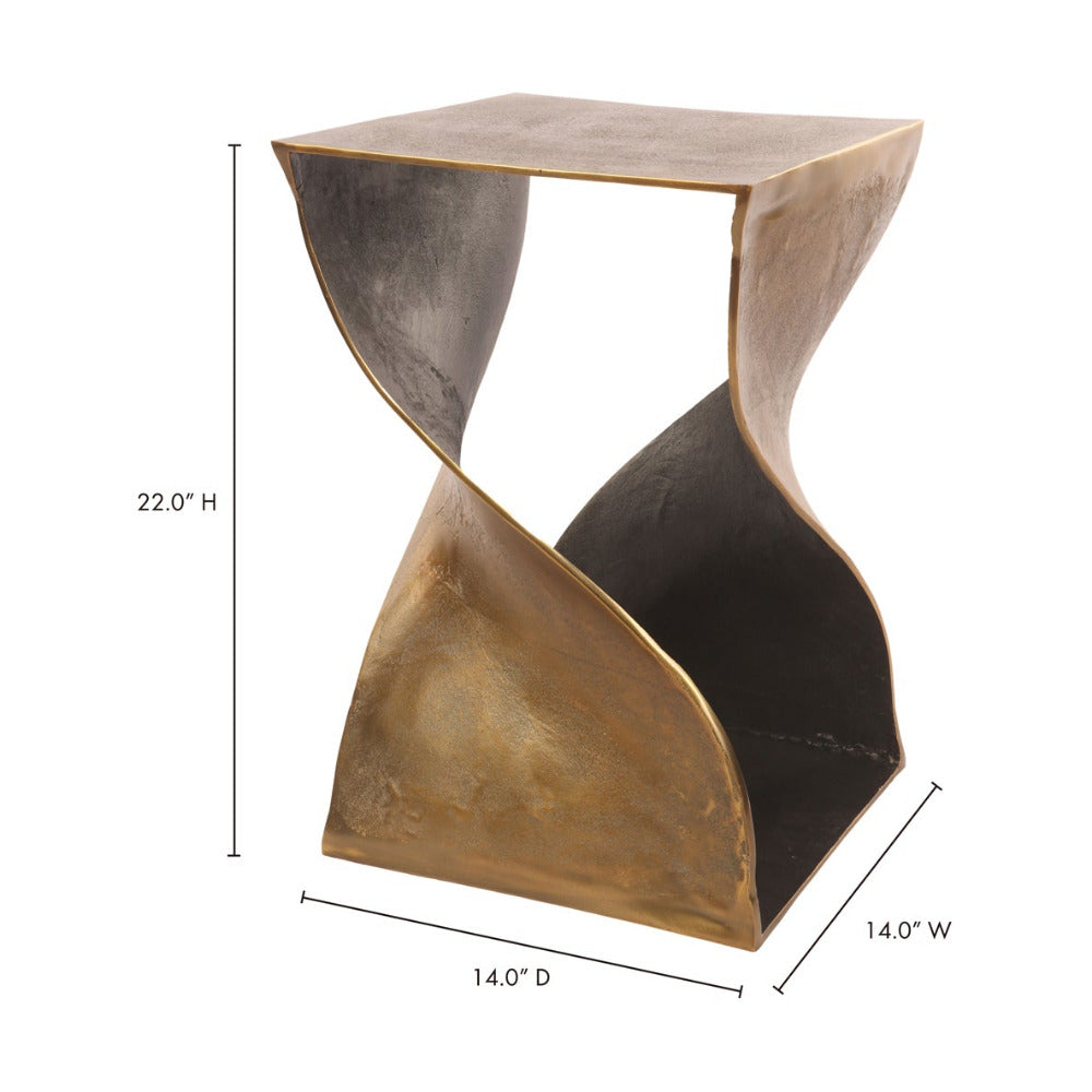 Brass hourglass-shaped accent table with dimensions on a white background