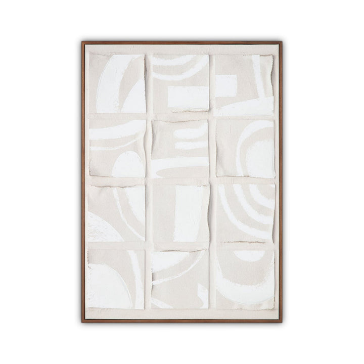 Framed abstract artwork with white patterns on a beige background