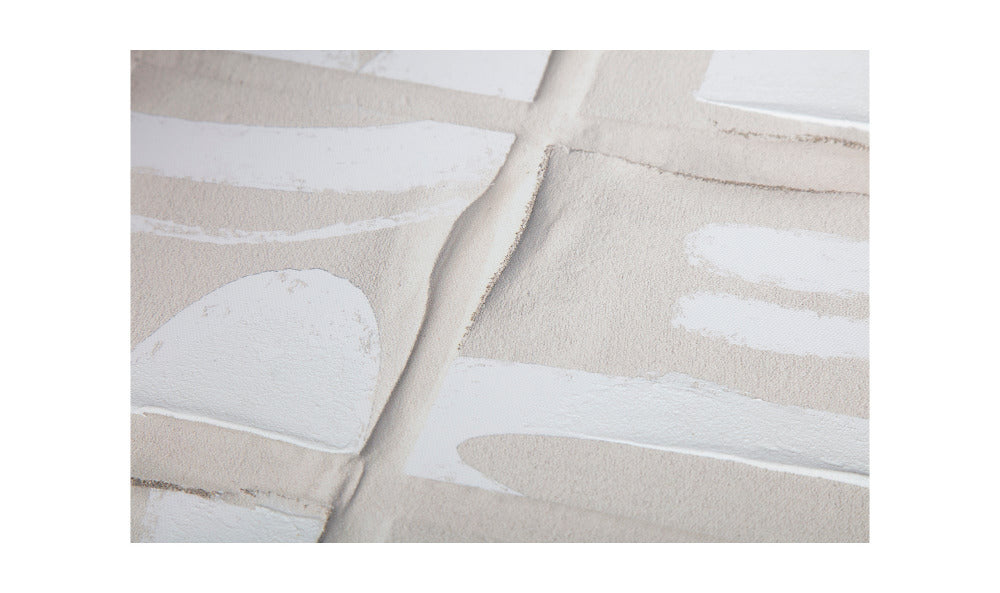Close-up of beige fabric with white abstract patterns on a white background