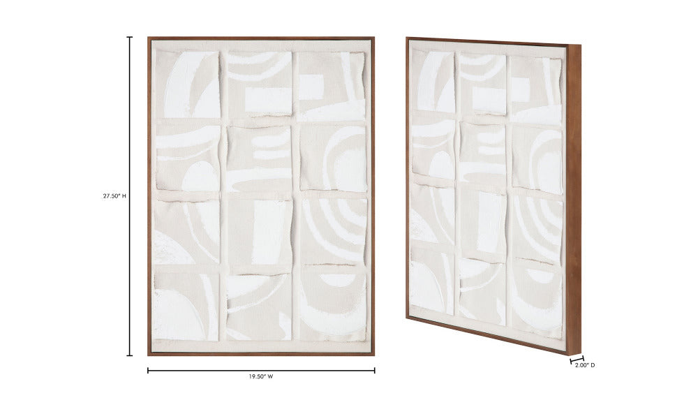 Two framed abstract artworks with measurements on a white background
