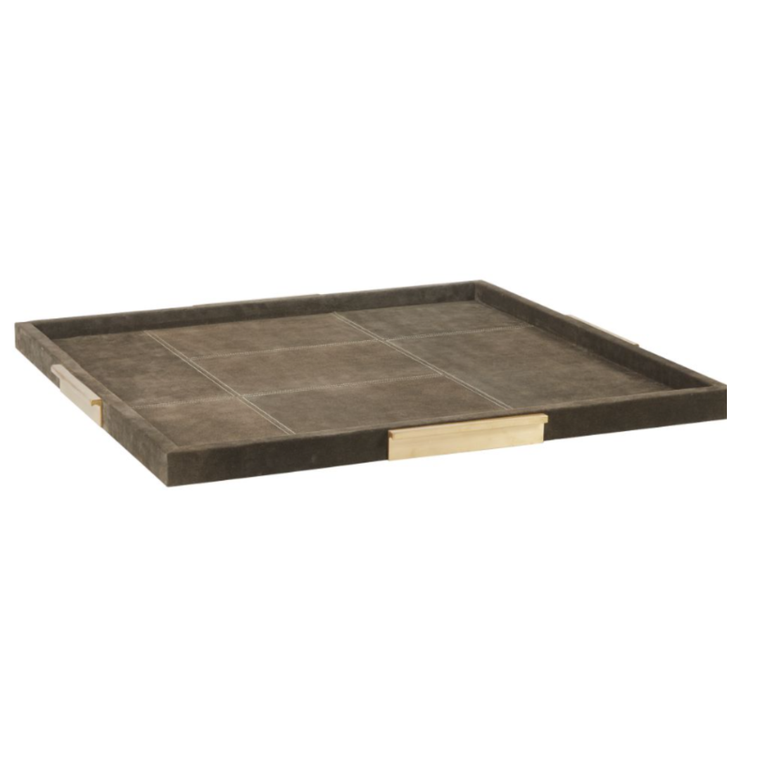 Large Dillard Suede Tray – Moss Gray Finish with Antique Brass Steel Handles