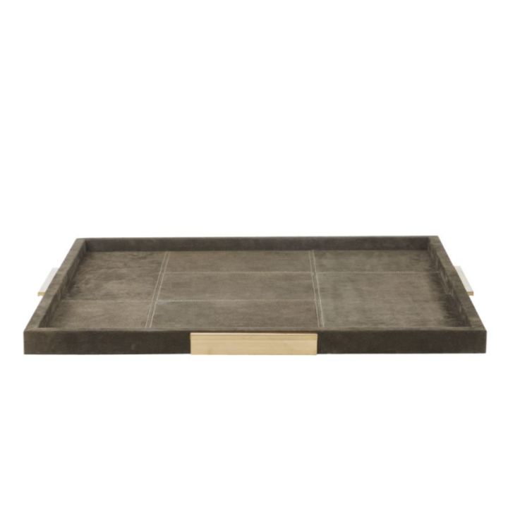 Large Dillard Suede Tray – Moss Gray Finish with Antique Brass Steel Handles