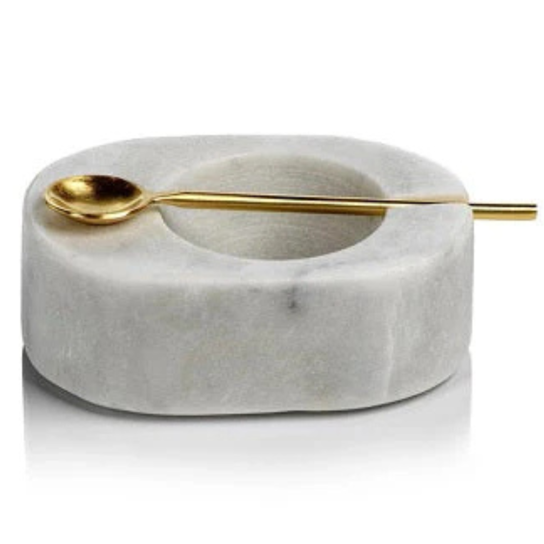 Zodex Tuscan White Marble Salt & Pepper Bowl with Goden Spoon