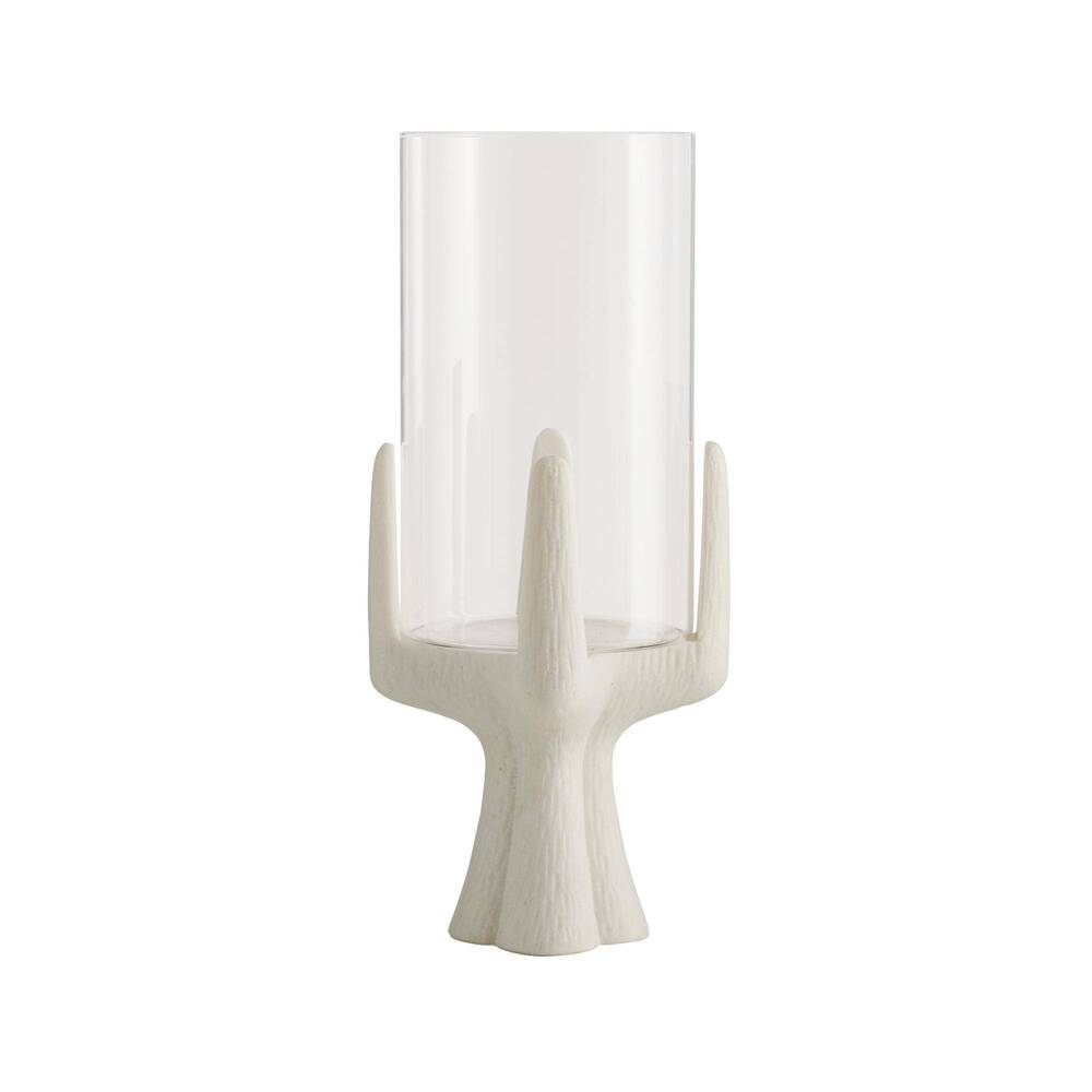 Decorative candle holder with a white base and clear glass container on a white background