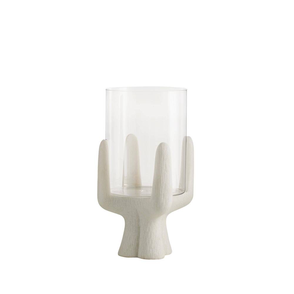 White candle holder with a cylindrical glass on a white background