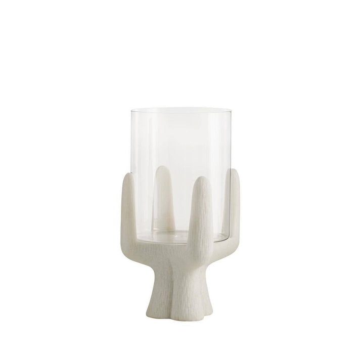 White candle holder with a cylindrical glass on a white background