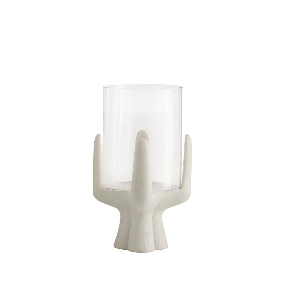 White candle holder with a cylindrical glass container on a white background