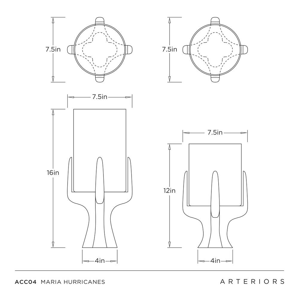 Technical drawing of Maria Hurricanes with dimensions labeled, featuring Arteriors brand.