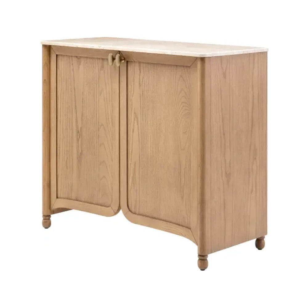 Anneka Cabinet in brown lacquered ash with cream polished marble top on white background