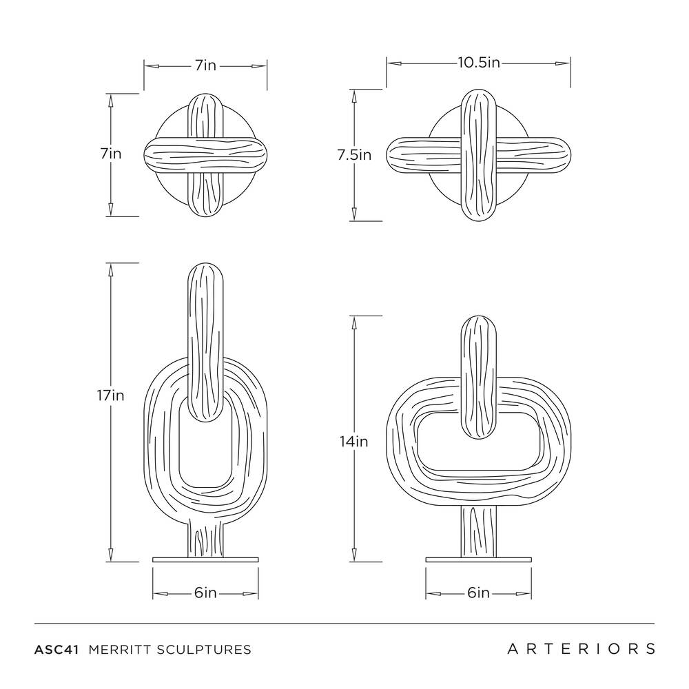 Dimensions of Merritt sculptures by Arteriors on a white background