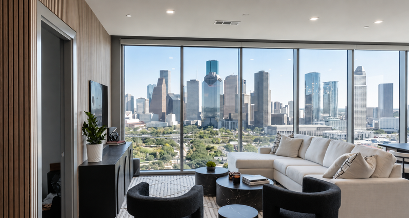 High-rise living room with a wood slat wall, neutral sofa and Houston skyline views