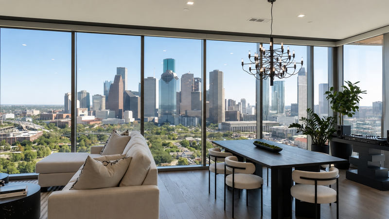 High-rise living and dining space with floor-to-ceiling windows over the Houston skyline