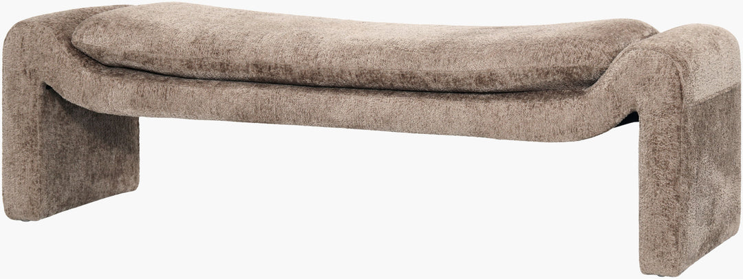 Cascadia Bench in taupe woven fabric on white background