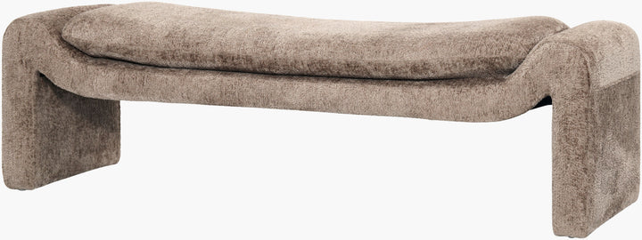 Cascadia Bench in taupe woven fabric on white background