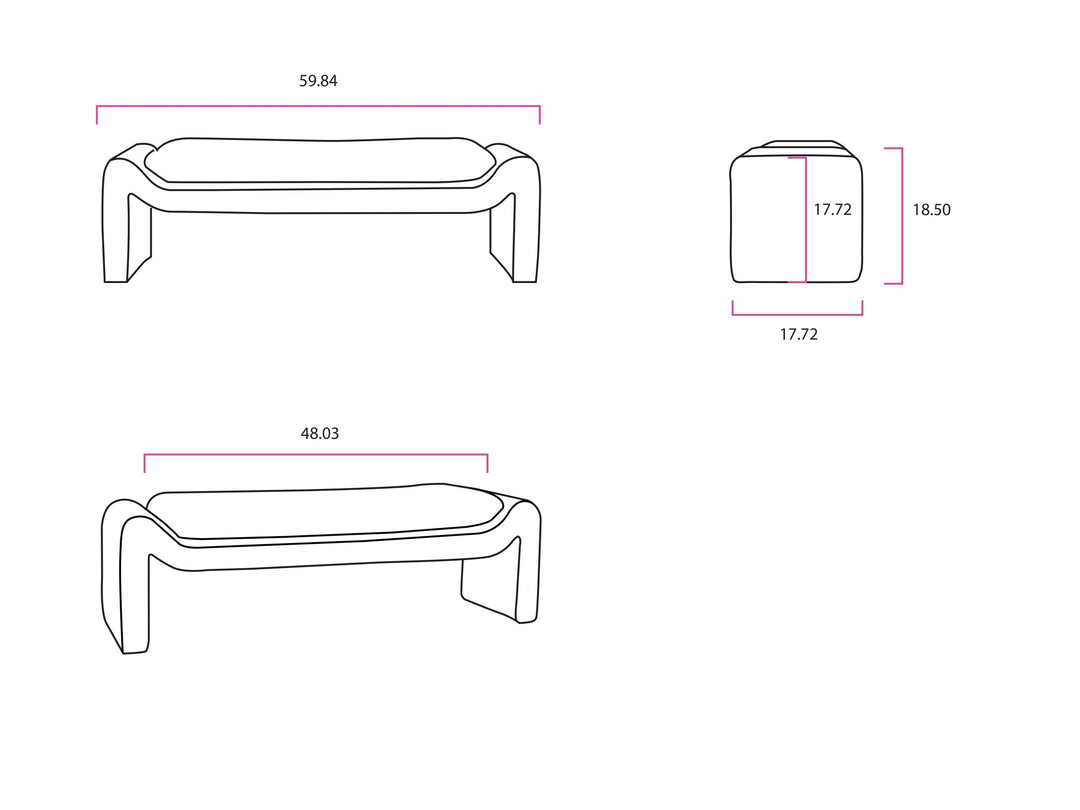 Cascadia Bench dimensions diagram, 60 inches wide by 18 deep by 18 high