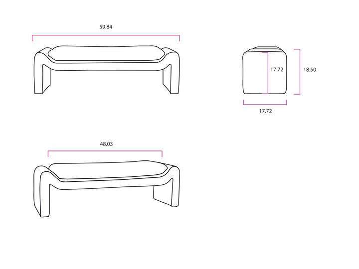 Cascadia Bench dimensions diagram, 60 inches wide by 18 deep by 18 high