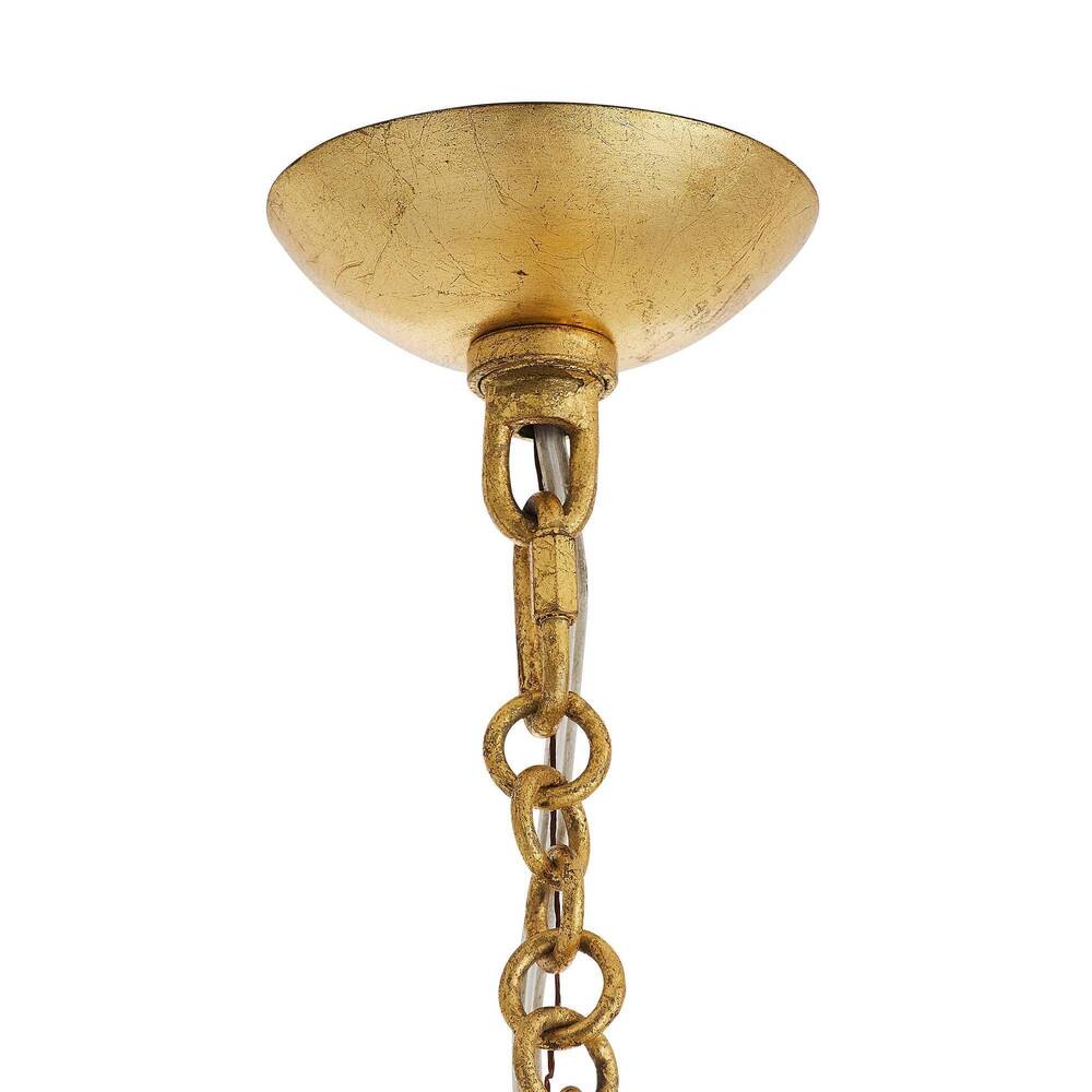 Golden chandelier fixture with chain on a white background