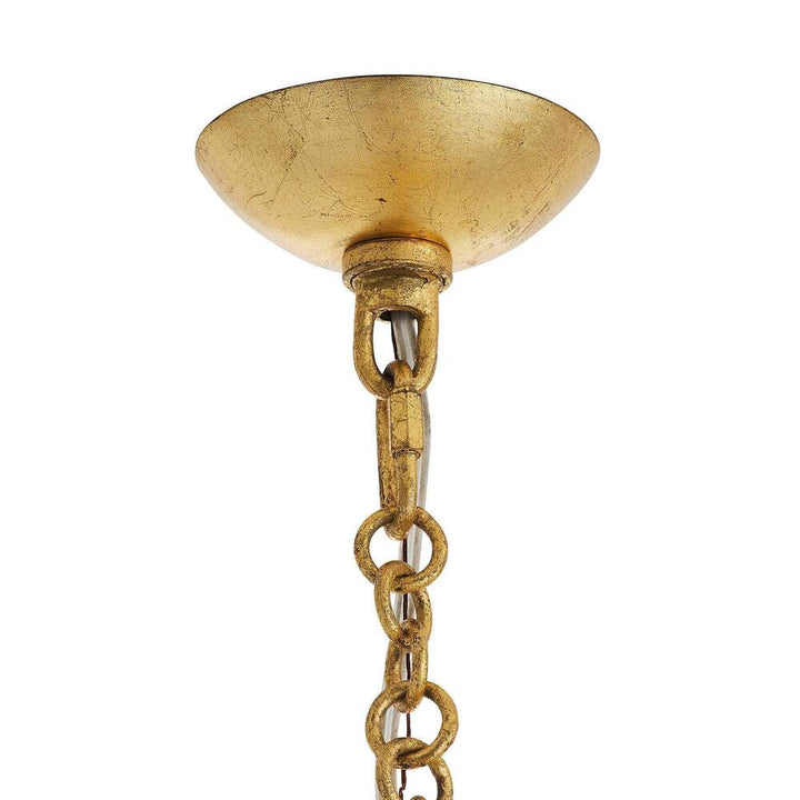 Golden chandelier fixture with chain on a white background