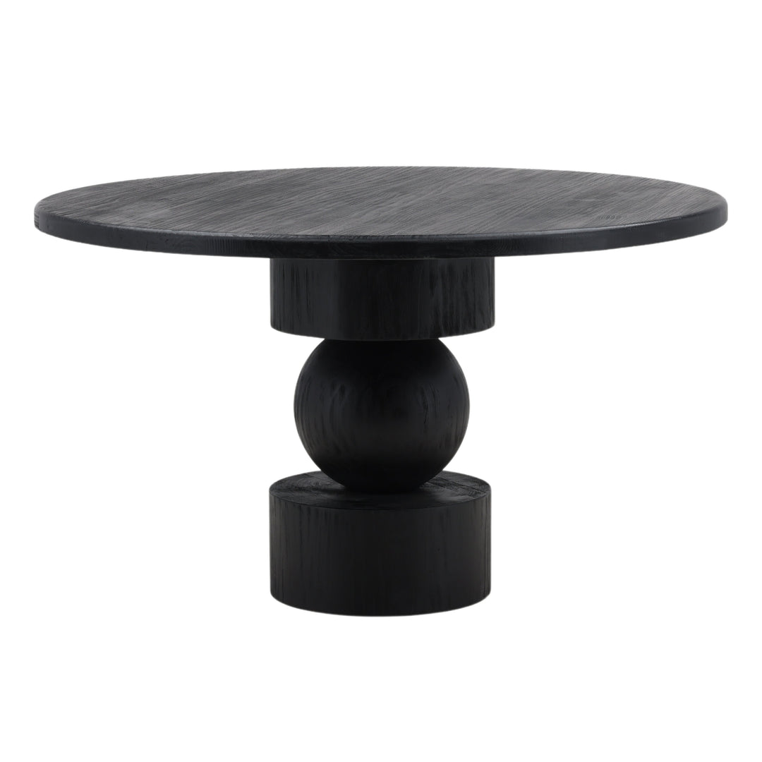 Jareth round dining table in matte black reclaimed pine, three-quarter view
