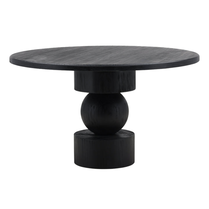 Jareth round dining table in matte black reclaimed pine, three-quarter view