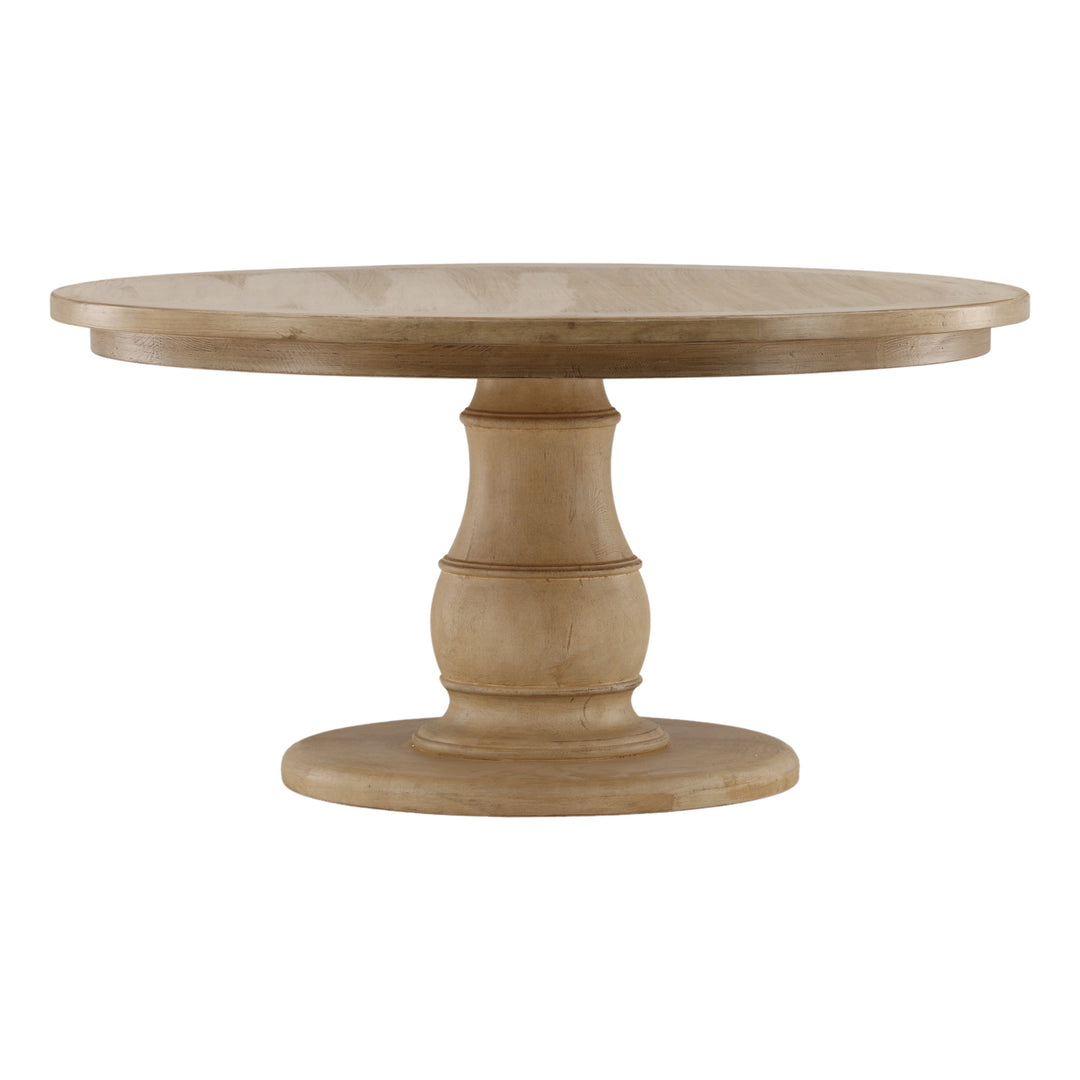 Eloy Dining Table in reclaimed pine with light warm wash finish, three-quarter view