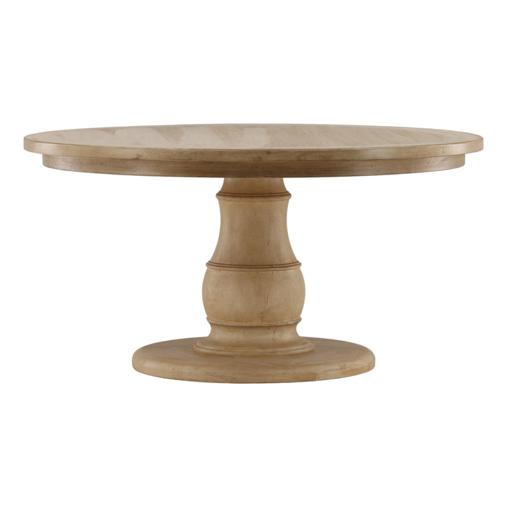 Eloy Dining Table in reclaimed pine with light warm wash finish, three-quarter view