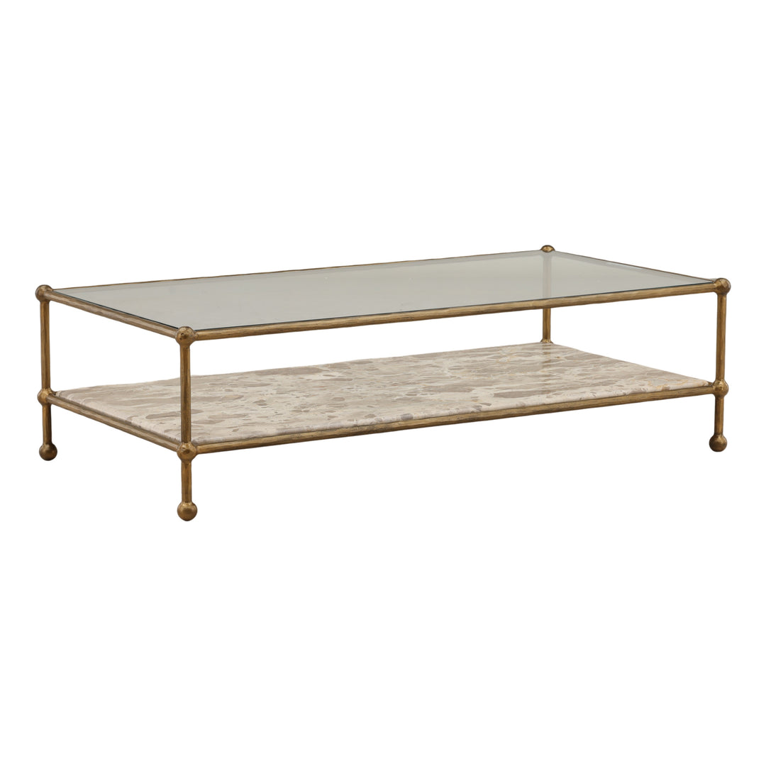 Verto Coffee Table in beige Tendu marble with antique brass base, three-quarter view
