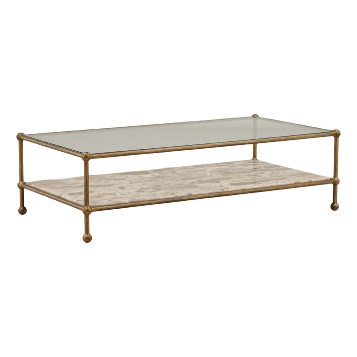 Verto Coffee Table in beige Tendu marble with antique brass base, three-quarter view
