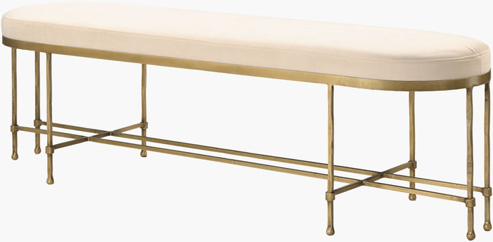 Engel Bench with upholstered cushion on brass powder-coated iron base, white background