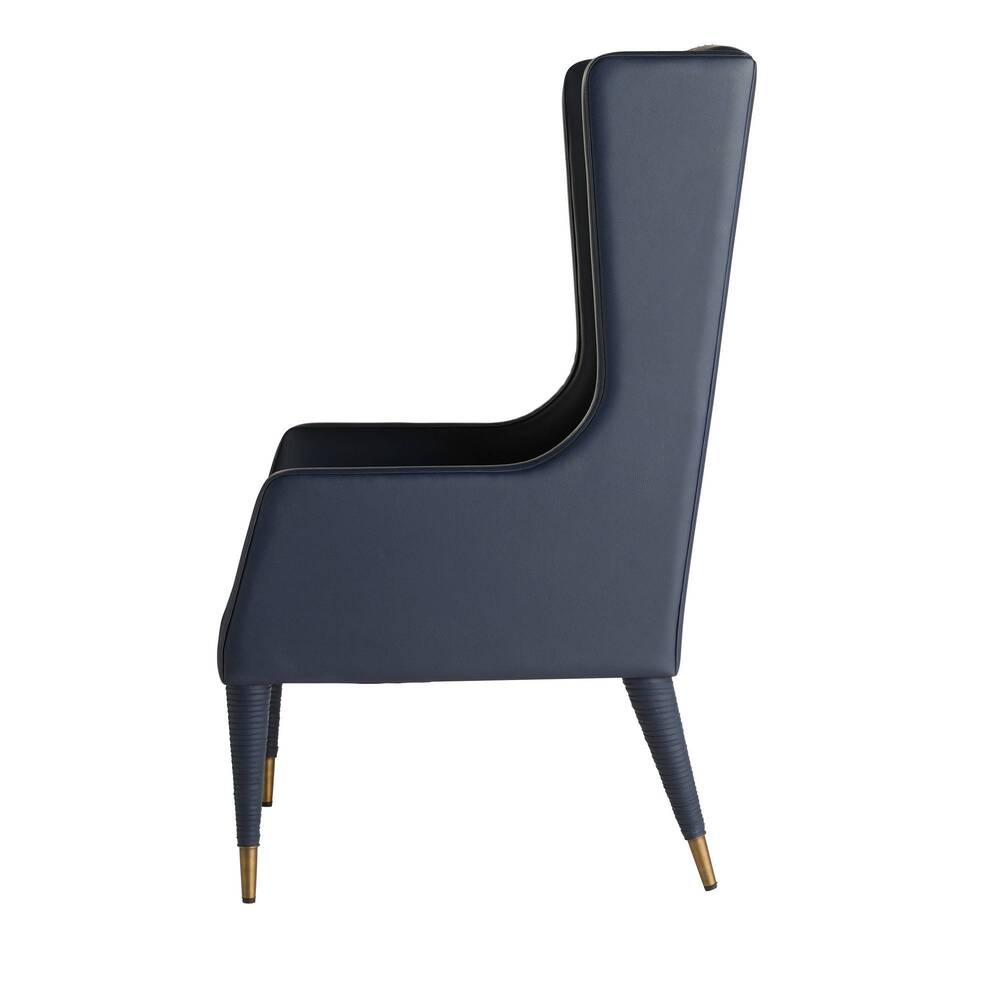 Navy blue chair with gold legs on a white background