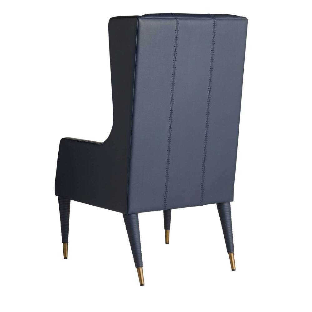 Gray upholstered chair with gold accents on a white background