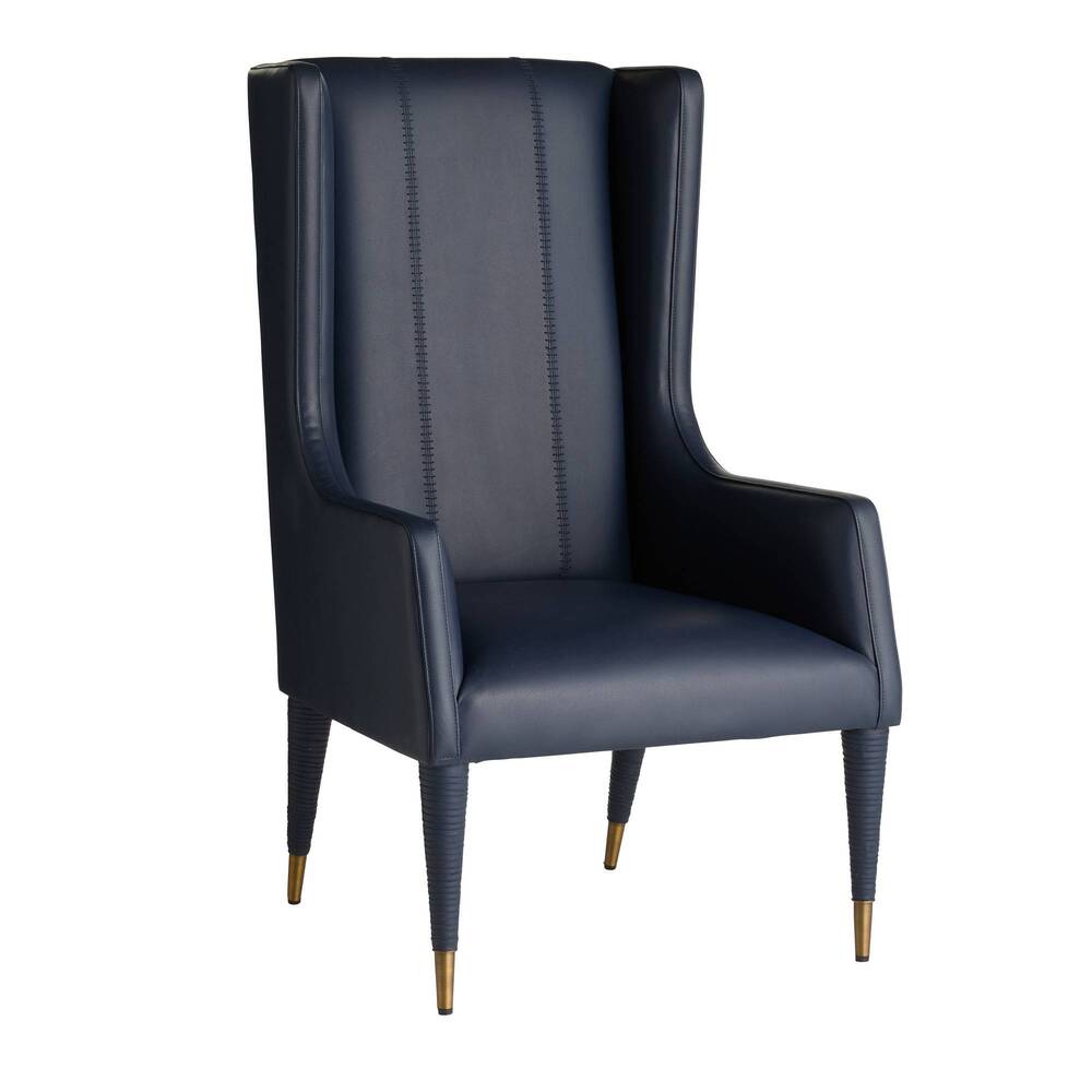 Blue leather armchair with gold legs on a white background