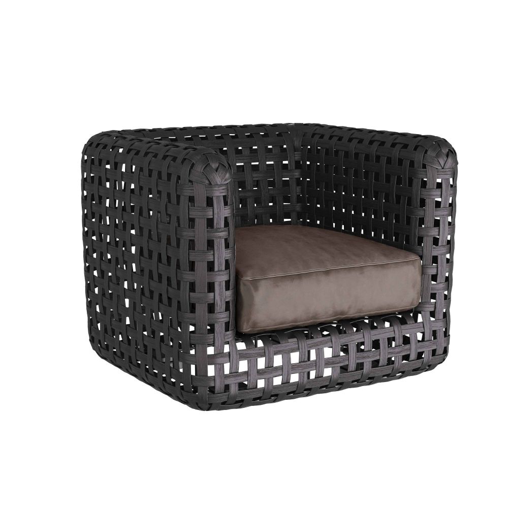 Black woven chair with a cushion on a white background
