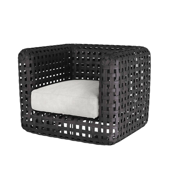 Black woven chair with a white cushion on a white background