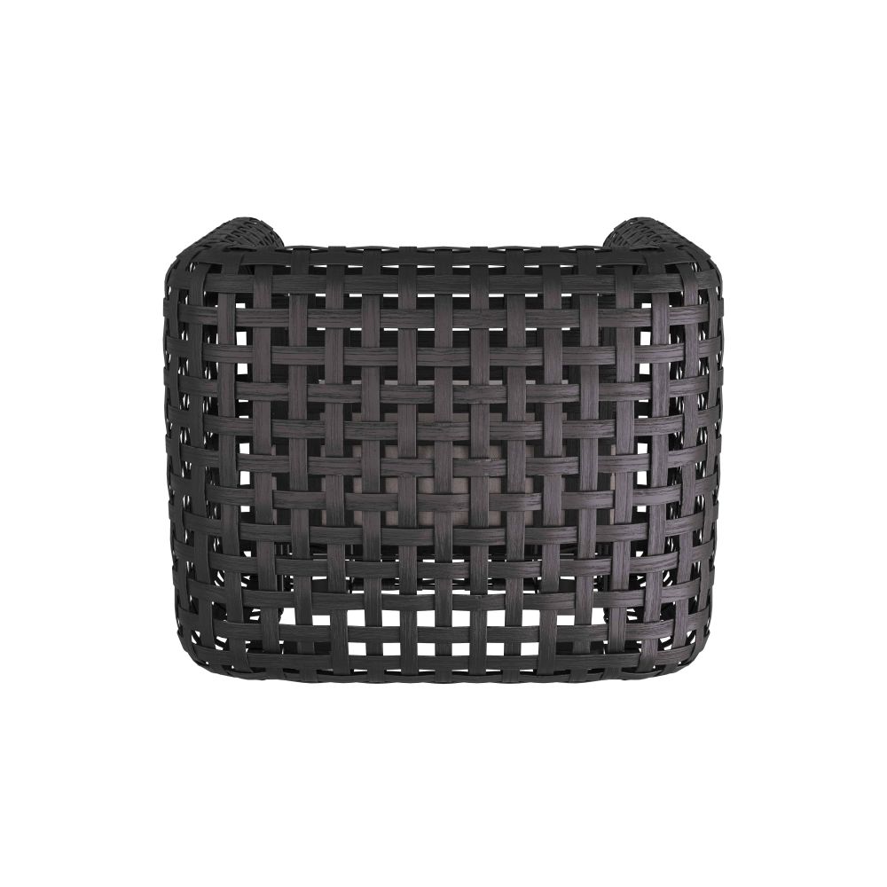 Black woven basket on a white background